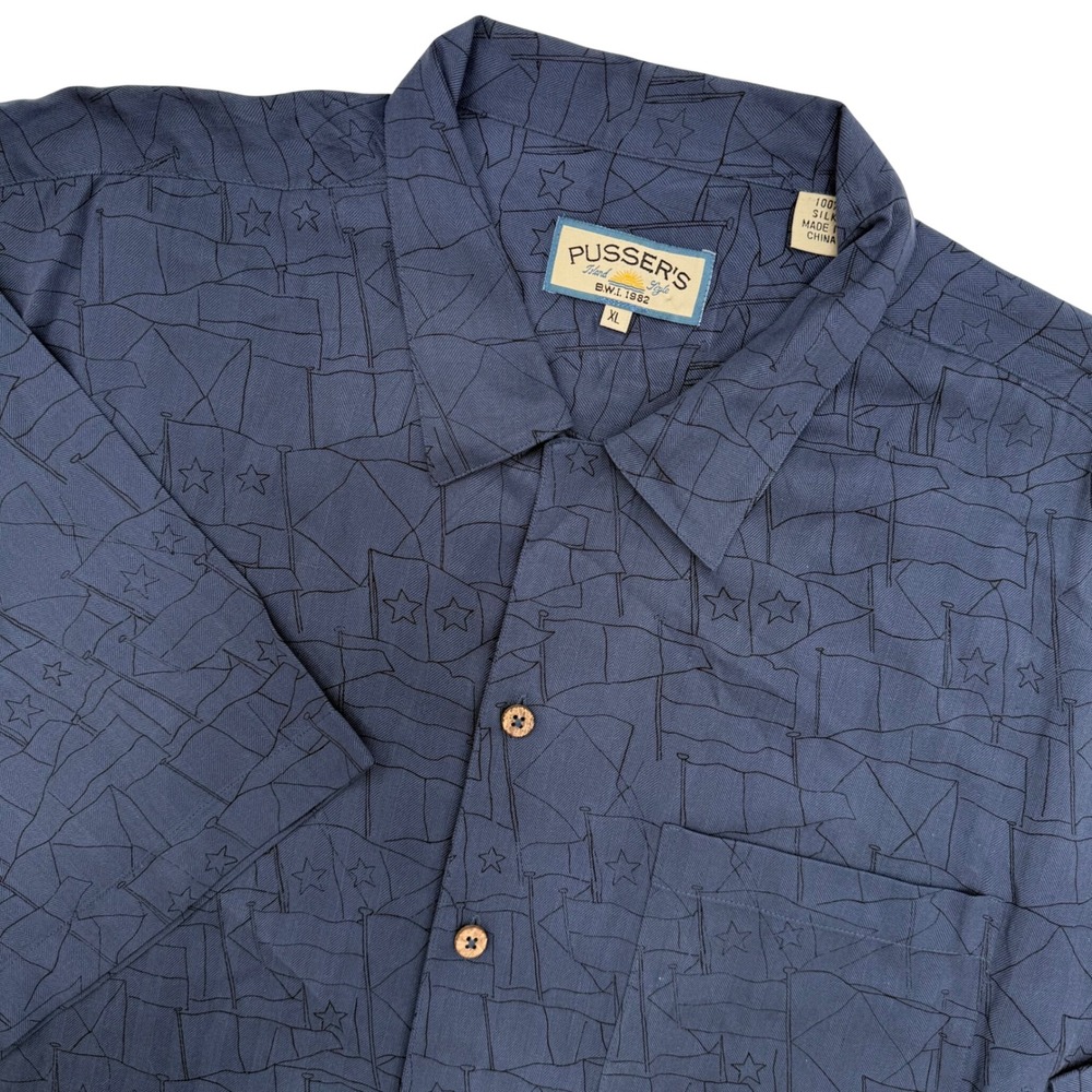 Pusser's Island Style Silk Shirt XL Flags Stars‎ Nautical Button Up Menswear